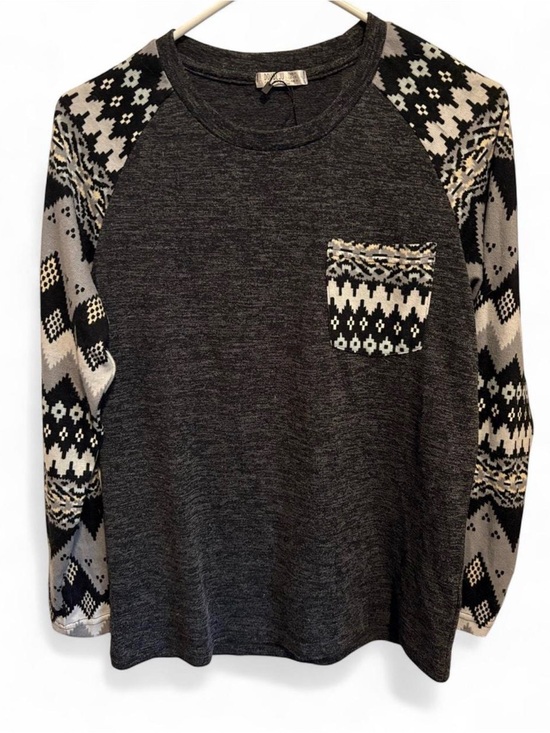 Doublju Tops - Doublju Charcoal Gray Long Sleeve Raglan Top with Patterned Sleeves